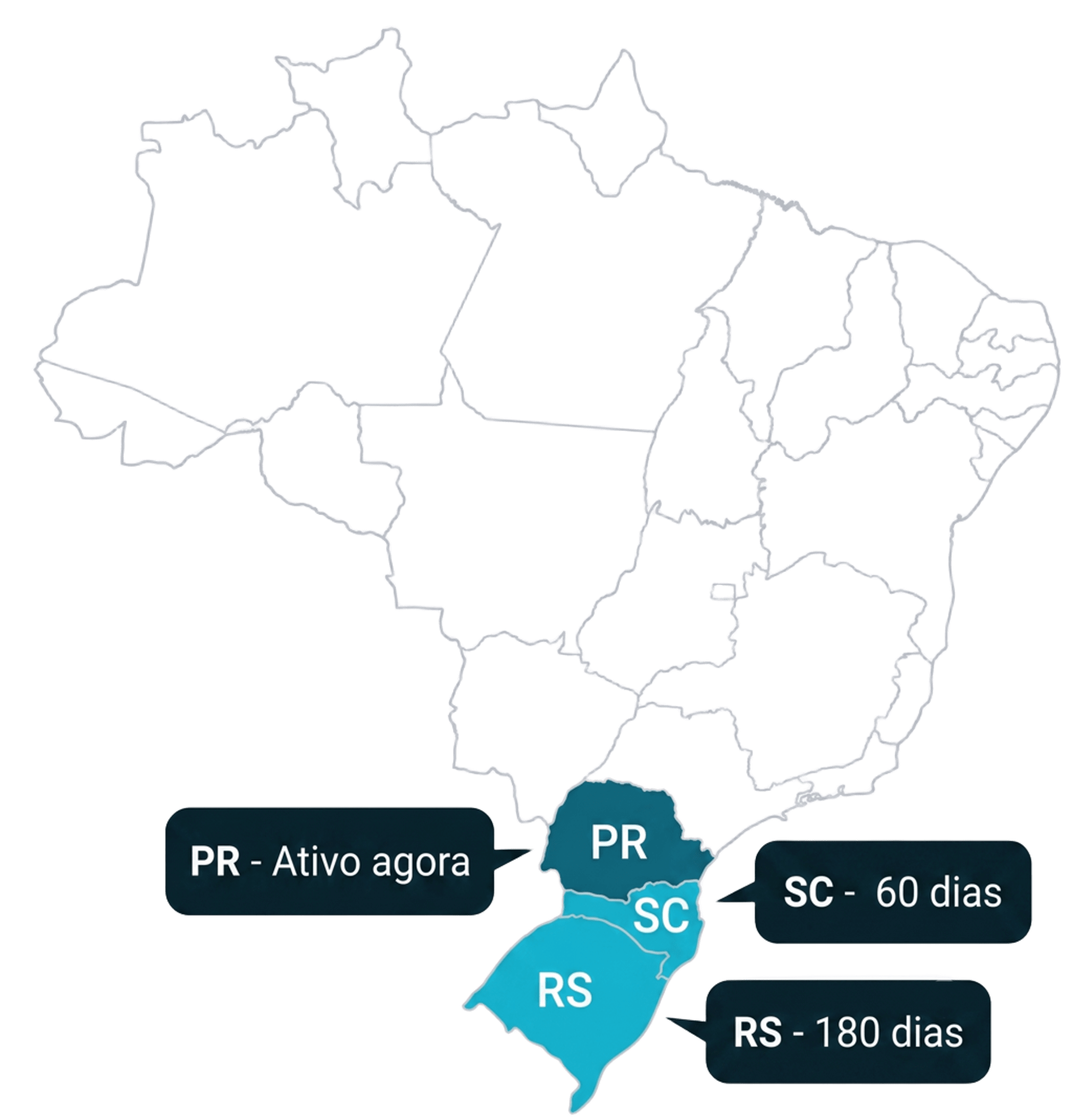 Mapa do Brasil com destaque para Paraná, Santa Catarina e Rio Grande do Sul