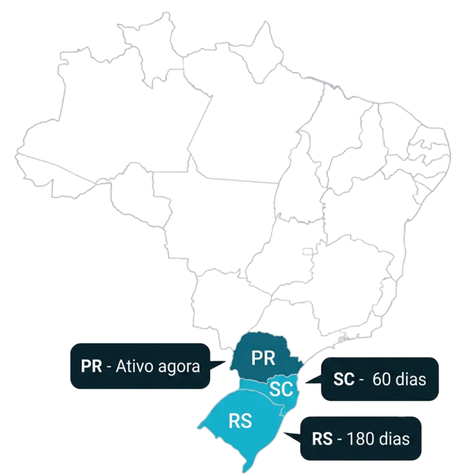 Mapa do Brasil com destaque para Paraná, Santa Catarina e Rio Grande do Sul